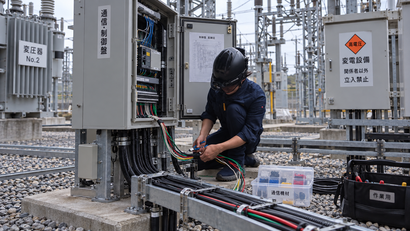 変電所で電気と通信の配線工事を行う作業員