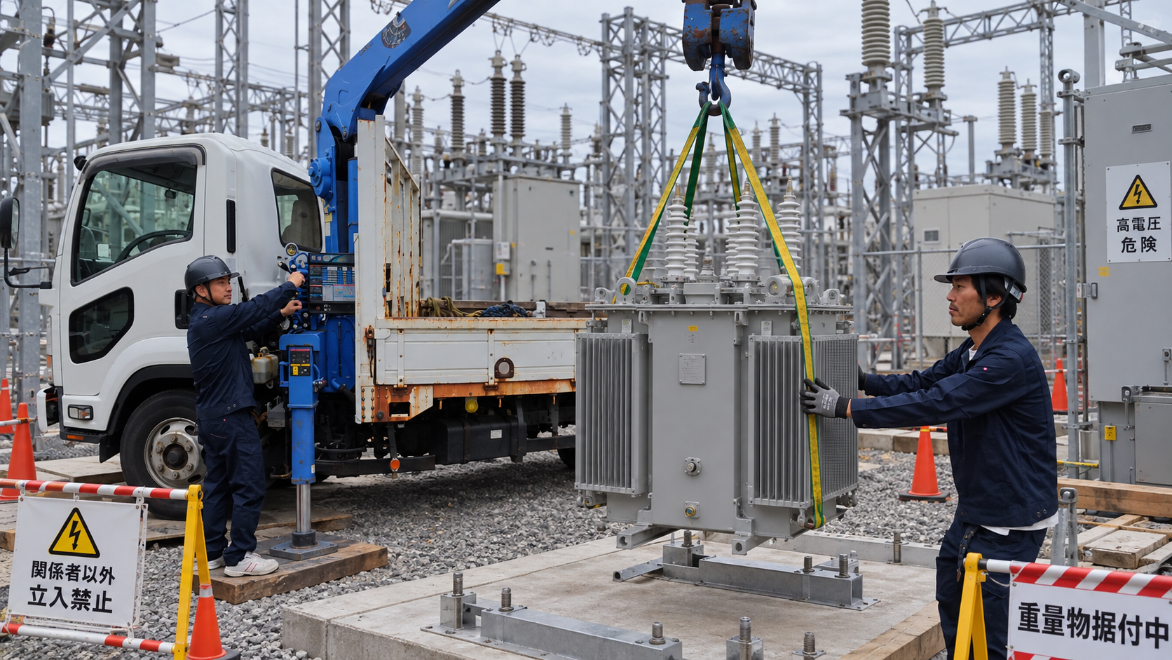 変電所で重量機器を安全に据え付ける作業員
