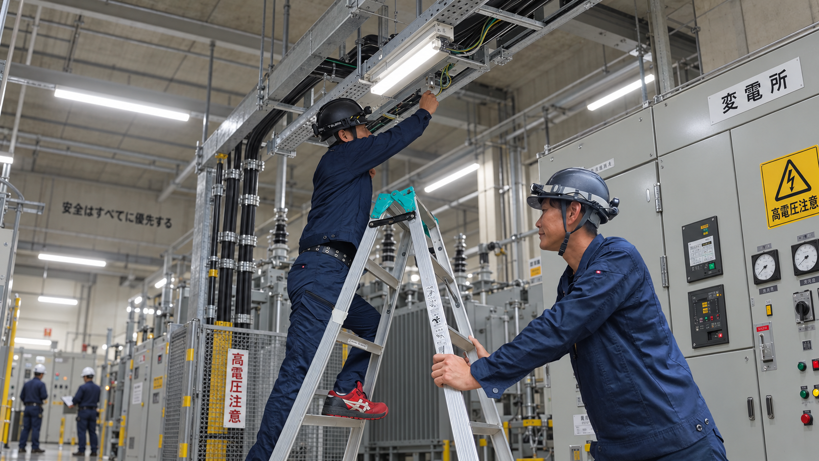 変電所内の制御盤で電気工事を行う作業員